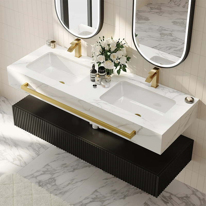 HW0006 1400mm Double Sink Floating Bathroom Vanity - White Sintered Stone Top & Black Ribbed Cabinet with Gold Hardware