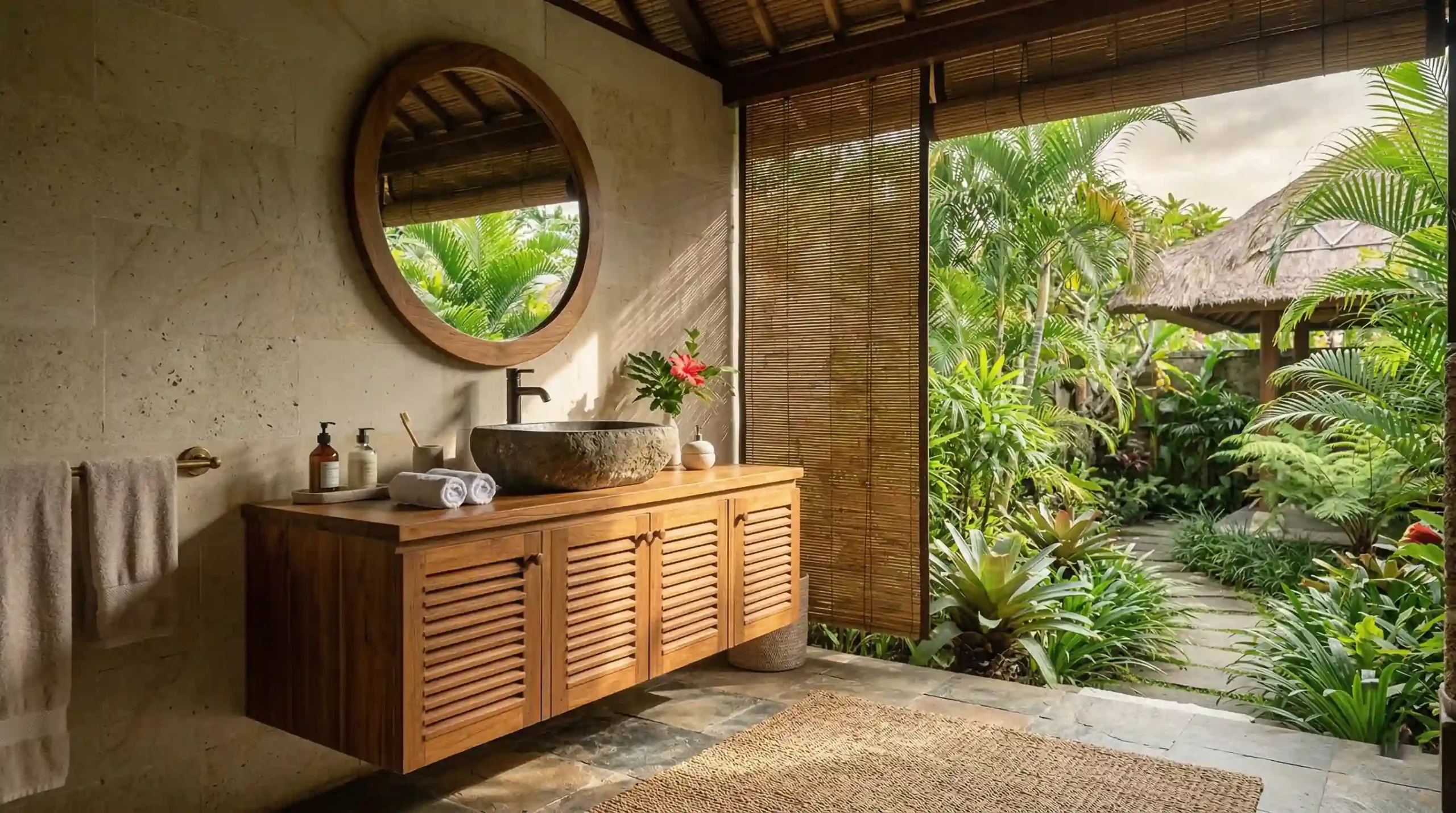 Tropical-grade moisture stable real wood vanities for Southeast Asia resorts