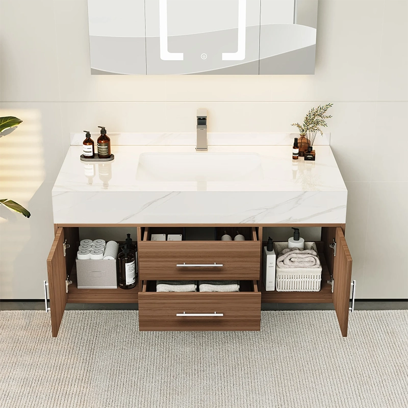 HW0001 Modern Wall-Mounted Bathroom Vanity | Luxurious wood-grain cabinet with marble countertop, offering ample storage space HW0001 Modern Wall-Mounted Bathroom Vanity | Luxurious wood-grain cabinet with marble countertop, offering ample storage space