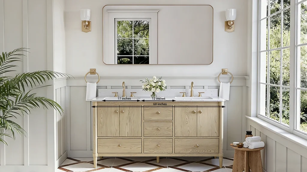 Standard 60-inch hotel double vanity with two 17-inch sinks and 12-inch spacing.