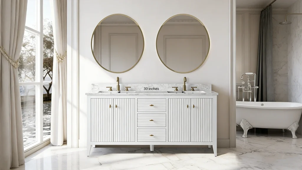 Five-star resort bathroom featuring a 72-inch luxury double vanity with optimal 30-inch sink spacing for a high-end experience.