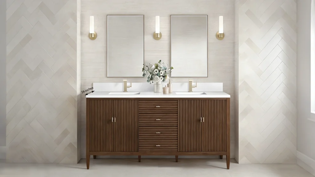 24-inch deep hotel vanity showing restricted walking space and potential guest safety hazards in a standard bathroom.