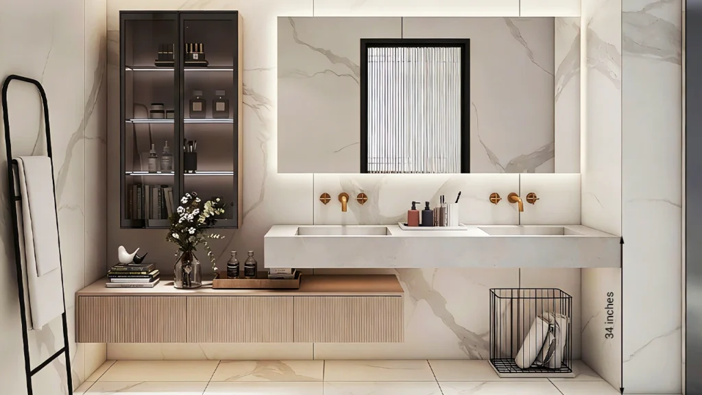 Comfort height hotel bathroom vanity measuring 34-36 inches to improve guest ergonomics and reduce back strain.