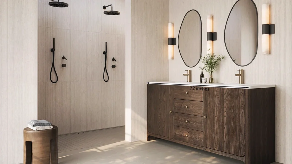 Modern 60-inch double sink vanity in a hotel suite, designed for couples needing simultaneous bathroom access.