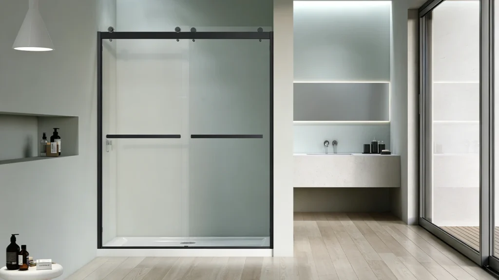 Textured glass shower door options including frosted, rain, and hammered glass to hide water spots and fingerprints in hotels.