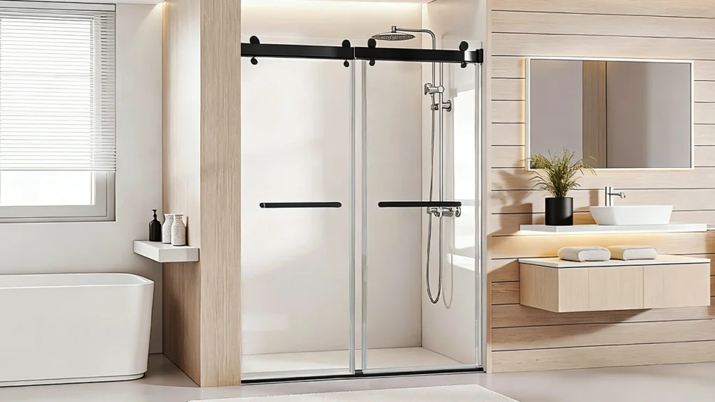 Close-up of water droplets beading on a low-iron glass shower door treated with a hydrophobic nano-coating to prevent water marks.