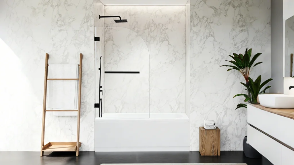 Clear half glass bathtub panel with chrome hinges, demonstrating superior hygiene and faster turnover for hotel projects.