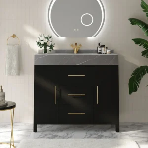 HW0005 1000mm Freestanding Bathroom Vanity Set - Matte Black & Grey Sintered Stone with Brushed Gold Hardware & LED Mirror
