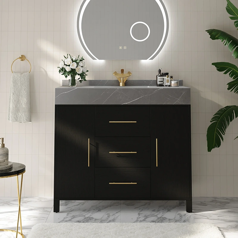 HW0005 1000mm Freestanding Bathroom Vanity Set - Matte Black & Grey Sintered Stone with Brushed Gold Hardware & LED Mirror