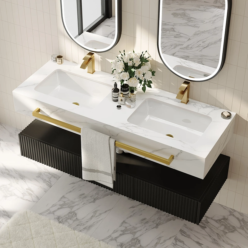 HW0006 1400mm Double-bowl Floating Bathroom Vanity - White artificial stone countertop and black striped cabinet with gold hardware, customizable in various sizes, Signature Gold-Finished Towel Bar & Hardware HW0006 1400mm Double-bowl Floating Bathroom Vanity - White artificial stone countertop and black striped cabinet with gold hardware, customizable in various sizes, Signature Gold-Finished Towel Bar & Hardware