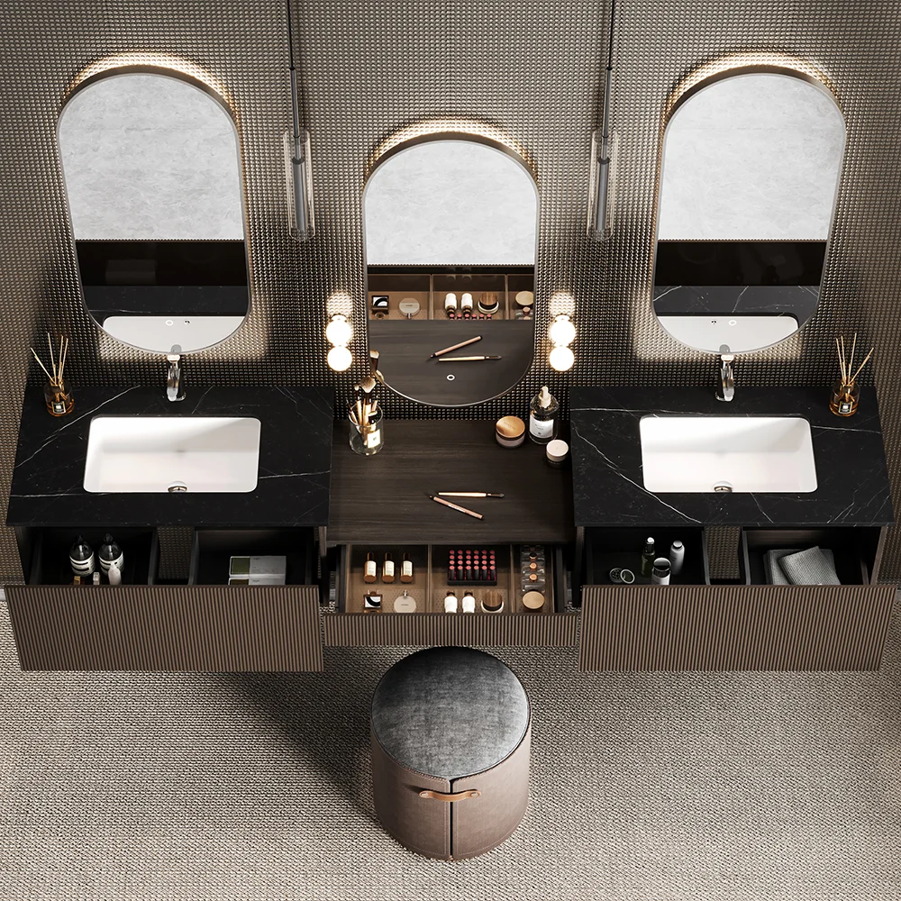 85-inch Luxury Black Floating Double Vanity with Sintered Stone Countertop and Integrated Vanity - HW0007, Integrated Multi-Functional "Beauty Zone" 85-inch Luxury Black Floating Double Vanity with Sintered Stone Countertop and Integrated Vanity - HW0007, Integrated Multi-Functional "Beauty Zone"