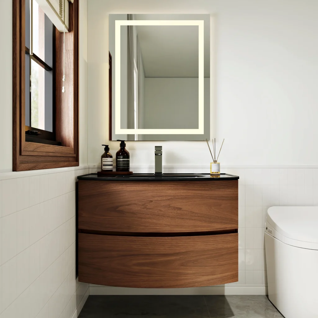 HW008 32" Modern Floating Curved Bathroom Vanity Set - Walnut with Black Glass Integrated Sink & Mirror