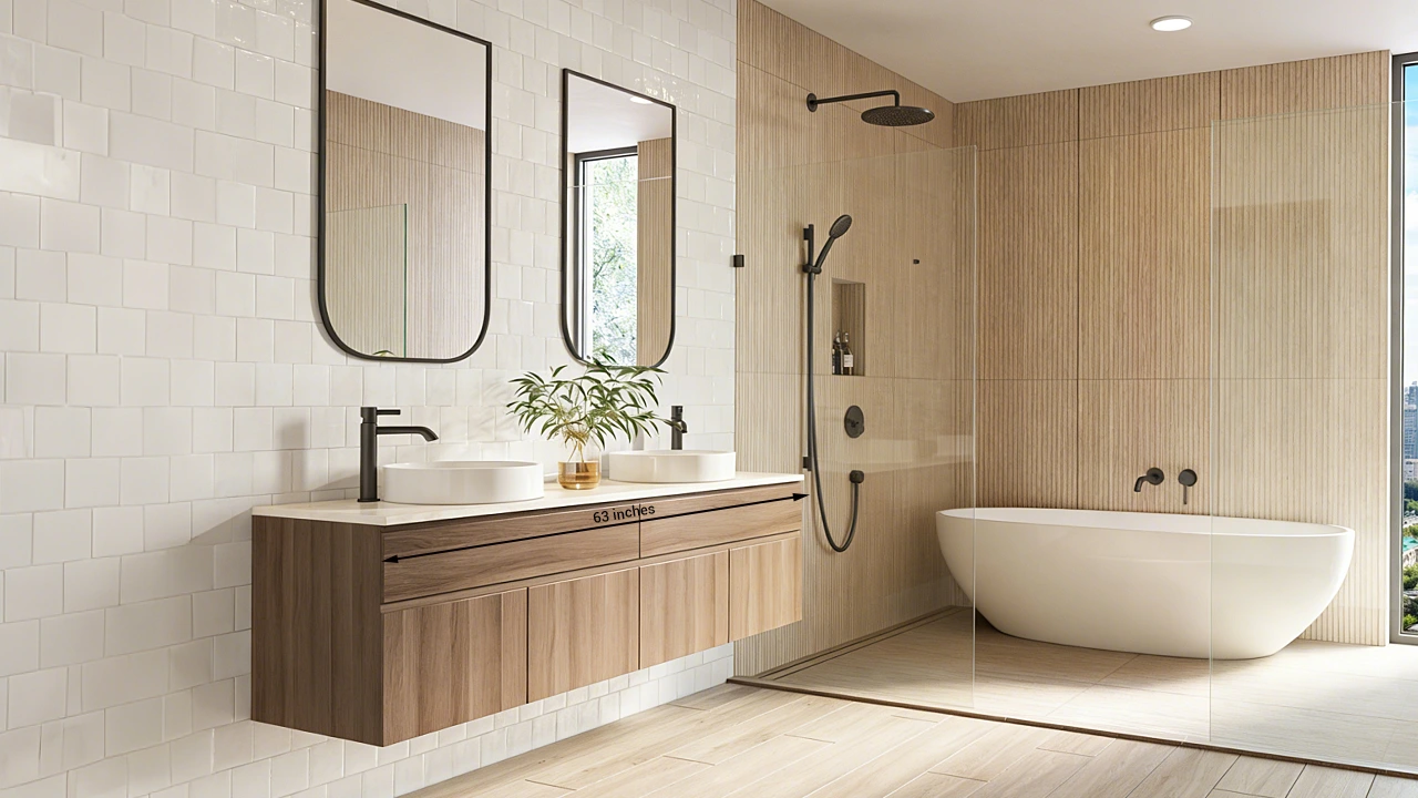 Standard 63-inch hospitality double vanity for cost-effective hotel renovations.