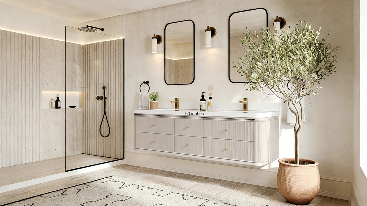 Luxury double vanity with 30-36 inch center-to-center sink spacing for optimal elbow room and personal counter space.