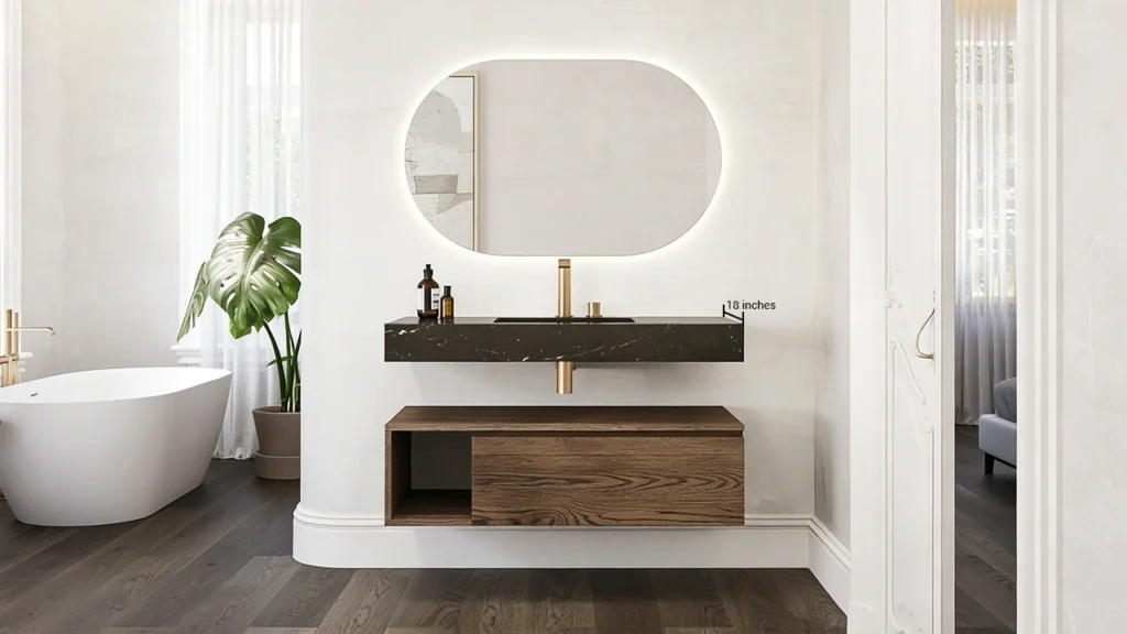 Space-saving 18-inch shallow bathroom vanity for small hotel rooms to maximize floor space and room flow.