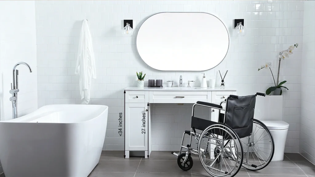 ADA-compliant hotel bathroom vanity featuring a maximum 34-inch counter height and 27-inch knee clearance for wheelchair accessibility.