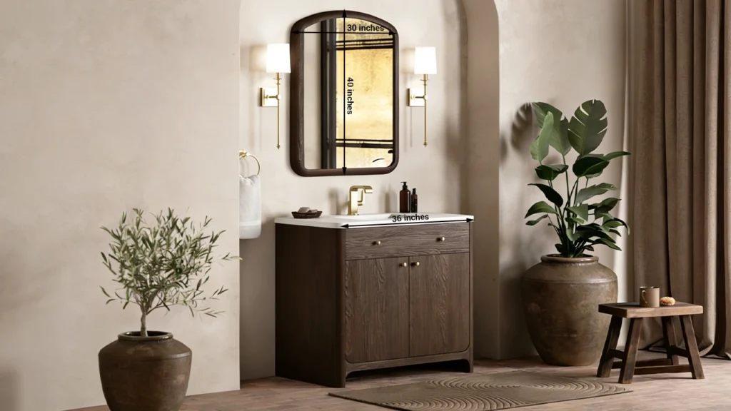 A 32-inch wide bathroom mirror centered over a 36-inch vanity, demonstrating the ideal 2-inch gap on each side for a balanced look.