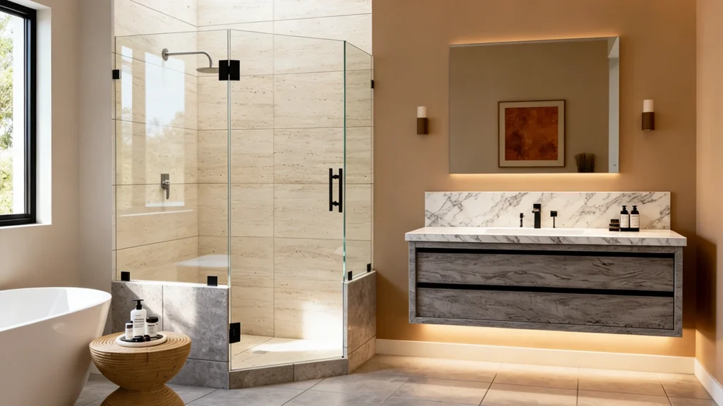 Frameless glass shower door with hydrophobic coating to repel water, soap scum, and mineral buildup in hotels.