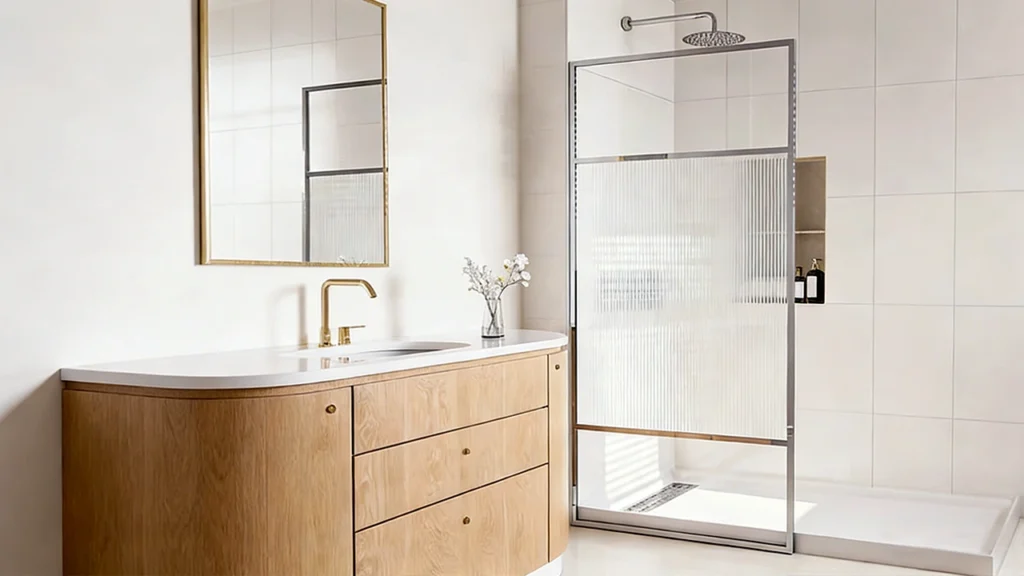 A professional contractor installing a frameless glass shower panel onto a tiled half wall, ensuring the glass is level and secure.