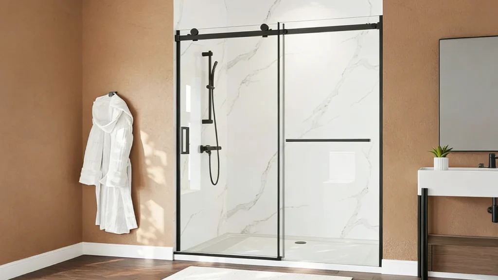 Durable anodized aluminum and stainless steel shower door frames for hotels, featuring corrosion-resistant finishes for high-moisture bathrooms.