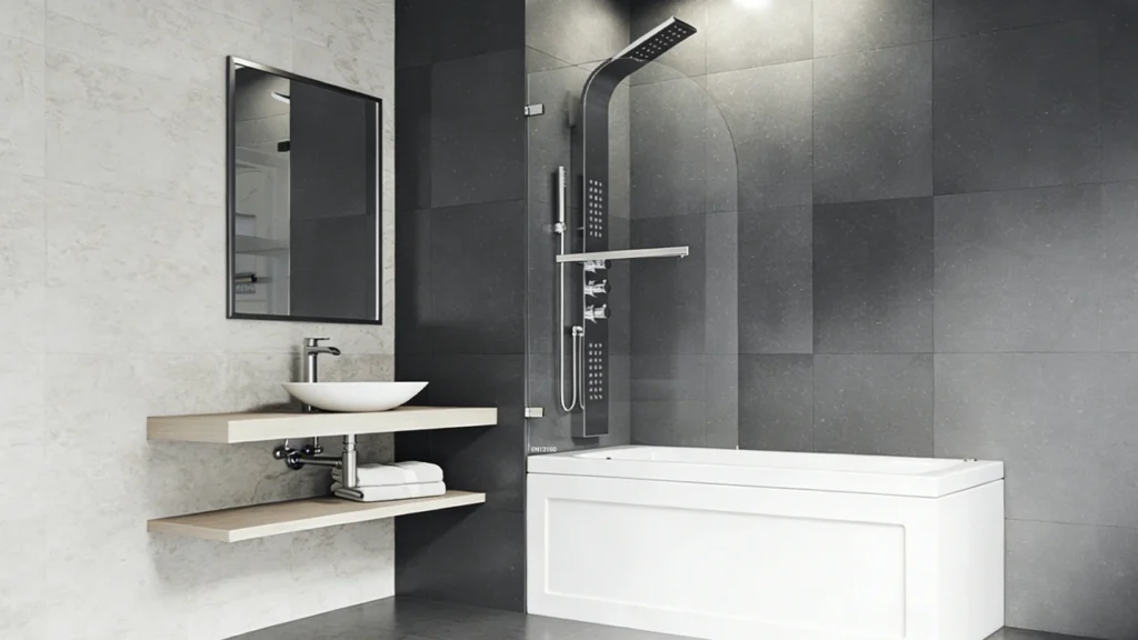 Safety-tested ANSI tempered half glass panel with commercial anchors for code-compliant hotel bathtub installations.