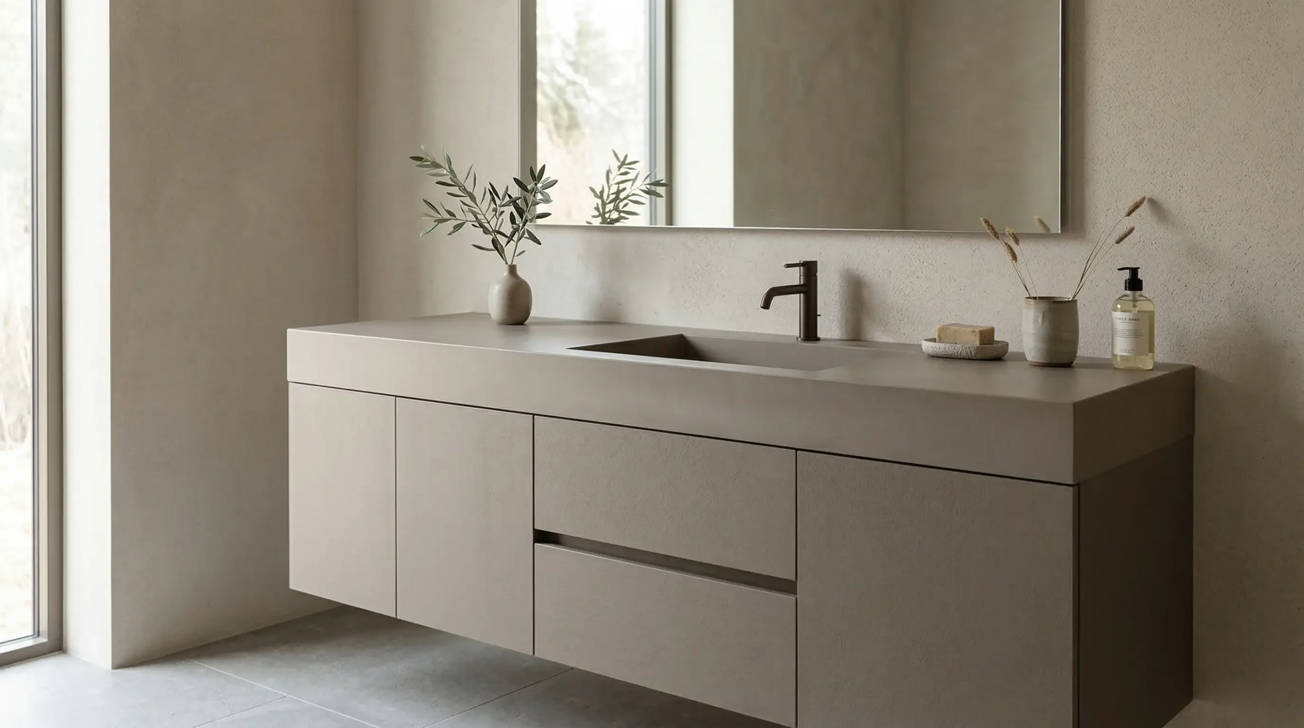 Quiet luxury minimalist bathroom vanities and textures engineered for complex hospitality layouts