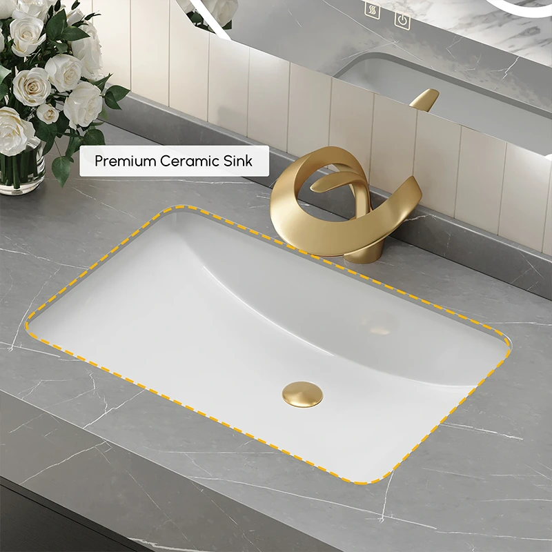 High-resolution photo of the HW0005 1000mm Freestanding Bathroom Vanity Set installed in a modern hotel guest bathroom. The vanity features a concrete-grey sintered stone countertop, a matte black cabinet, brushed gold hardware, and a glowing rectangular LED mirror. This durable, non-porous surface is engineered for high-traffic hospitality environments, offering exceptional resistance to stains, scratches, and high heat.