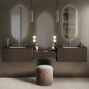 85" Luxury Black Floating Double Bathroom Vanity with Sintered Stone Top & Integrated Makeup Station - HW0007