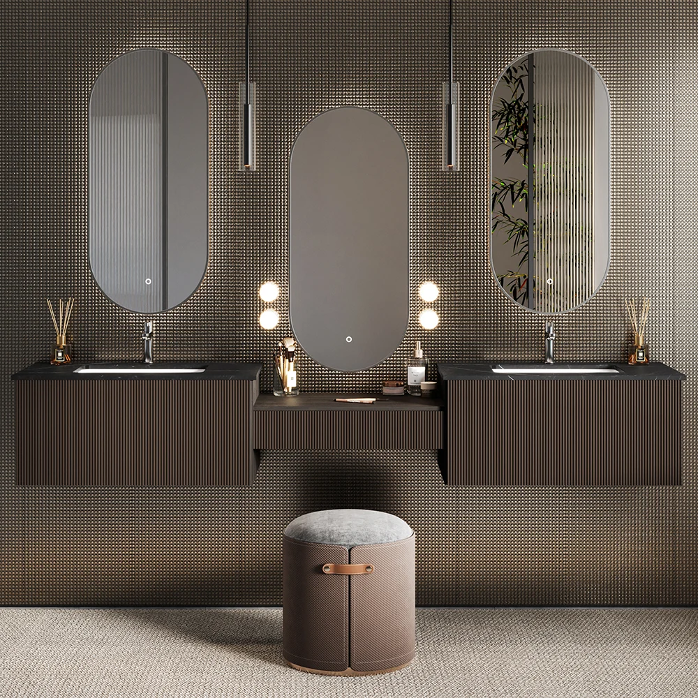 85" Luxury Black Floating Double Bathroom Vanity with Sintered Stone Top & Integrated Makeup Station - HW0007
