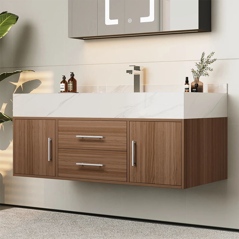HW0001 Modern Wall-Mounted Bathroom Vanity | Luxurious wood-grain cabinet with marble countertop, Maintenance-Optimized Floating Architecture HW0001 Modern Wall-Mounted Bathroom Vanity | Luxurious wood-grain cabinet with marble countertop, Maintenance-Optimized Floating Architecture