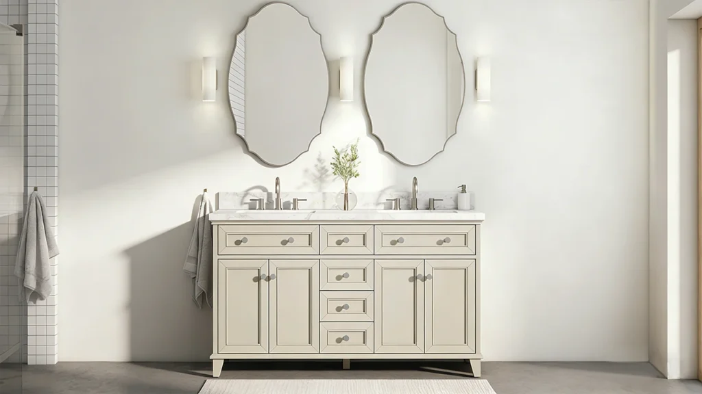 Compact 60-inch double vanity with dual sinks, providing the minimum functional counter space for a small bathroom layout.