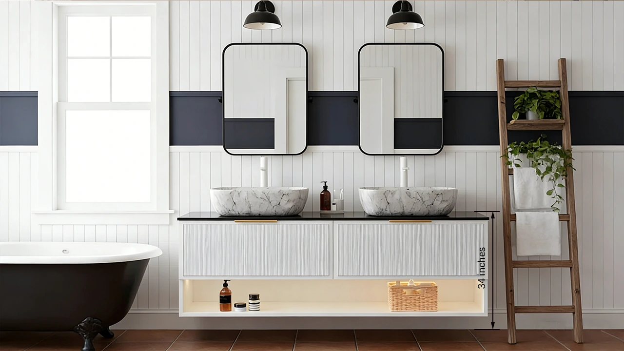 Modern floating vanity in a resort bathroom, installed at the ideal 34-inch height for a balance of guest comfort and visual lightness.