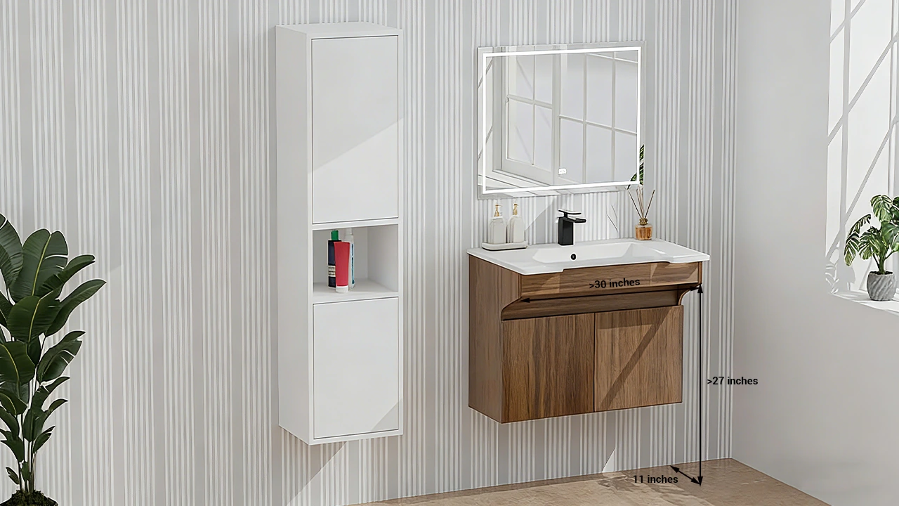 ADA-compliant hotel vanity with a maximum 34-inch rim height, ensuring accessibility for guests in wheelchairs.