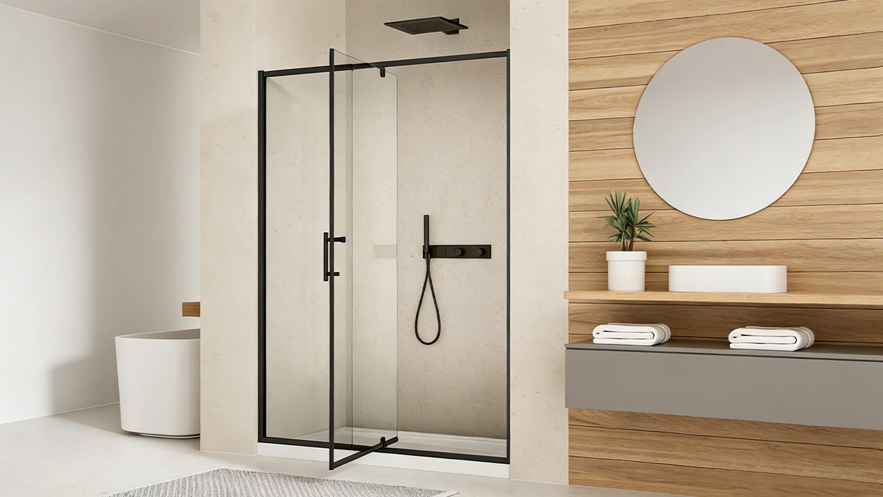 ADA-compliant shower door with a wide opening and tempered safety glass for accessible hotel bathrooms.