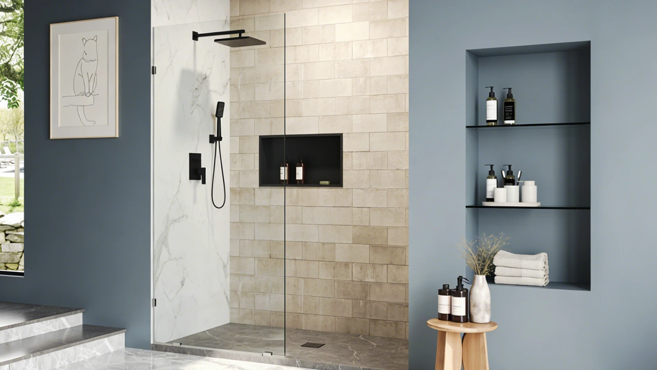 A side-by-side comparison of 10mm and 12mm tempered glass panels for commercial shower installations, highlighting the difference in thickness.