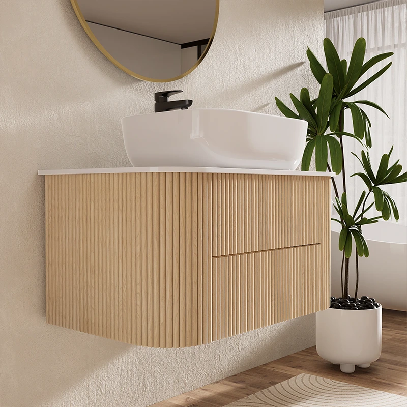 31.5" Floating Hotel Vanity: Fluted wood & sintered stone. Wall-mounted for easy floor cleaning and a modern resort aesthetic.