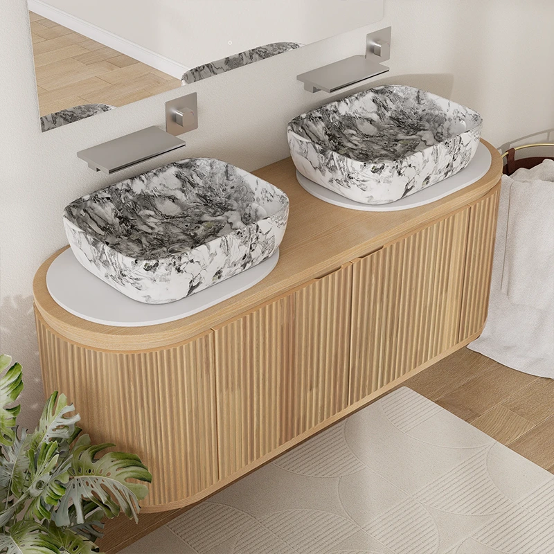 1500mm HW004 Modern Fluted Wall-Mounted Double Sink Vanity Set in a luxury hotel bathroom. The floating design maximizes floor space for easy housekeeping maintenance and high hygiene standards, featuring a sintered stone top and dual marble basins.