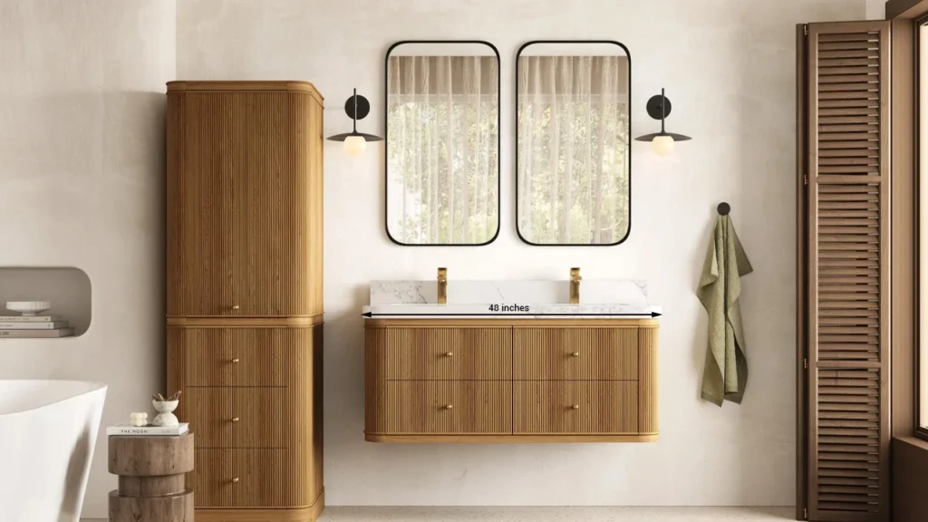 Minimum 48-inch double vanity for boutique hotel rooms with limited bathroom space.