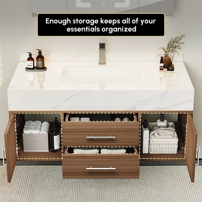 HW0001 Modern Hotel Vanity: Moisture-resistant walnut grain & floating design for easy cleaning. Luxury durability for resorts.