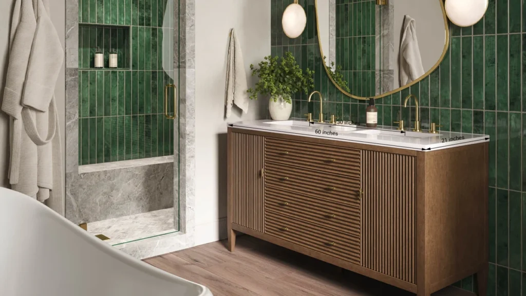 60-inch double vanity layout for hotel projects with standard 21-inch depth and 30-inch center-to-center sink spacing.