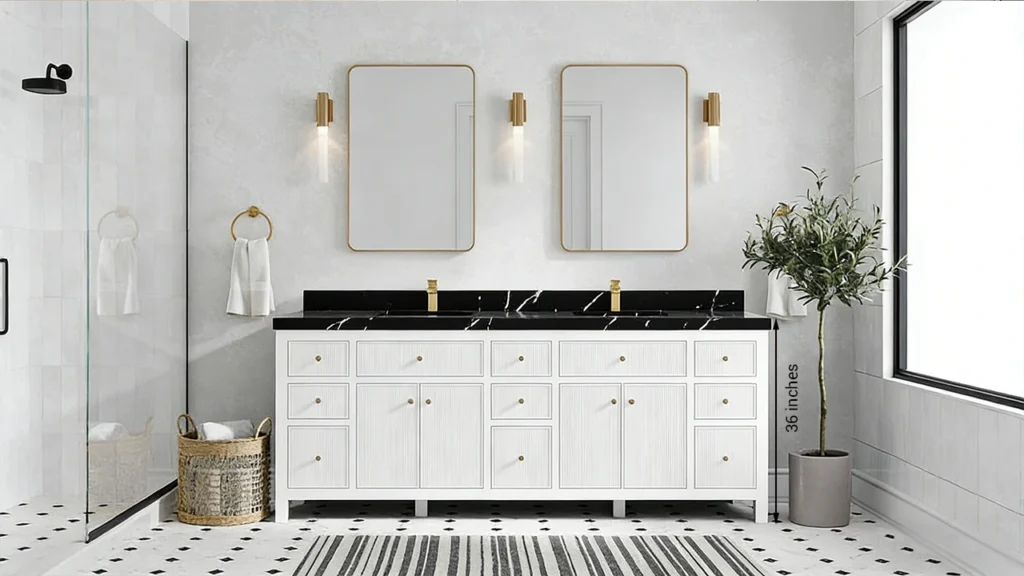 Luxury hotel suite bathroom featuring a 36-inch comfort height vanity designed for taller guests and premium branding.