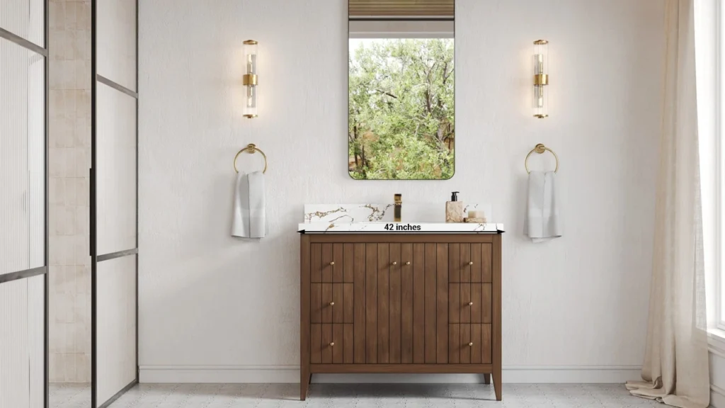 Modern 42-inch bathroom vanity installed in a mid-tier hotel suite to maximize floor space without sacrificing guest comfort."