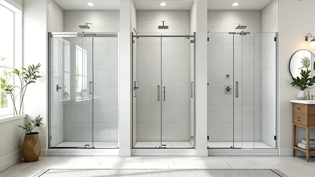 Comparison of framed, semi-frameless, and heavy frameless shower doors matched to budget, mid-range, and luxury hotel tiers.