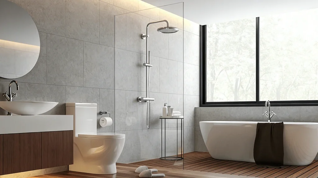 A modern, frameless tempered glass shower panel mounted on a tiled pony wall, creating a bright and open contemporary bathroom design.