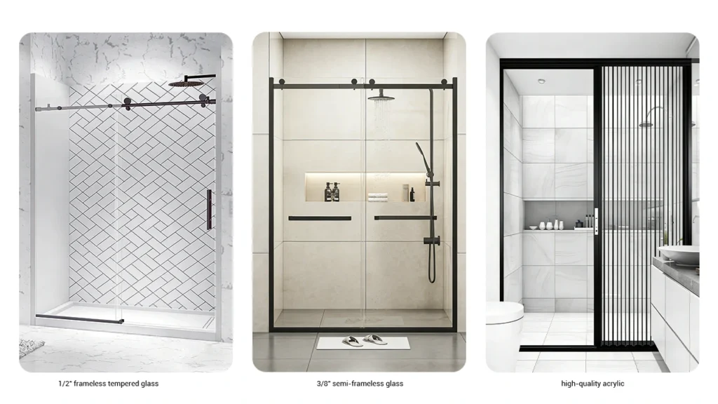 Comparison of shower door solutions for different hotel tiers, showcasing premium 1/2" frameless glass for luxury projects and cost-effective semi-frameless options for mid-range renovations.