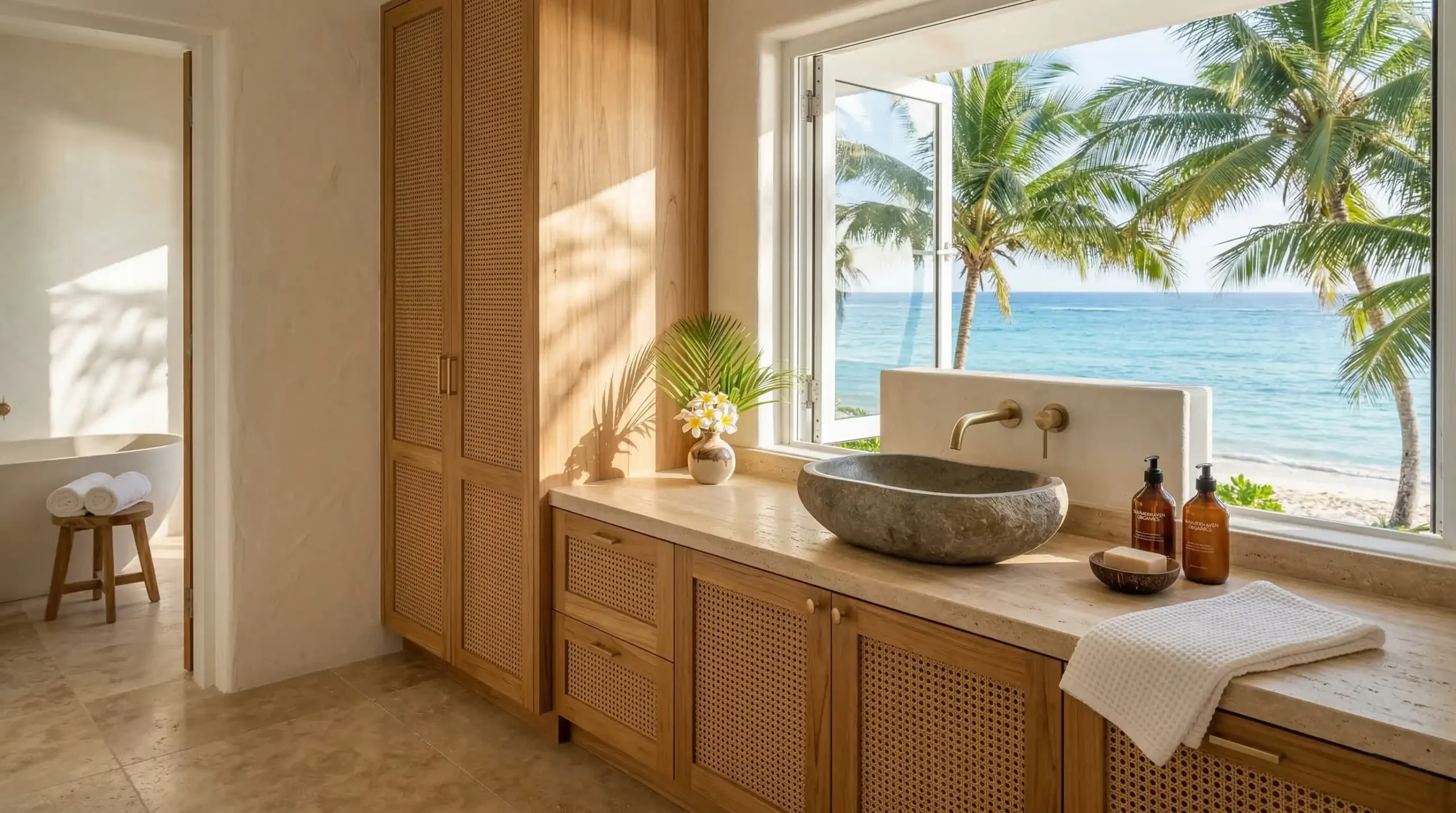 Custom resort bathroom cabinets with moisture-proof design for tropical environments