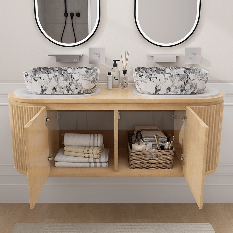 500mm HW004 Modern Fluted Vanity with silent soft-close cabinets for luxury hotel suites. This double sink set ensures a quiet guest experience while providing organized storage for towels and amenities, featuring a premium sintered stone top and marble basins.