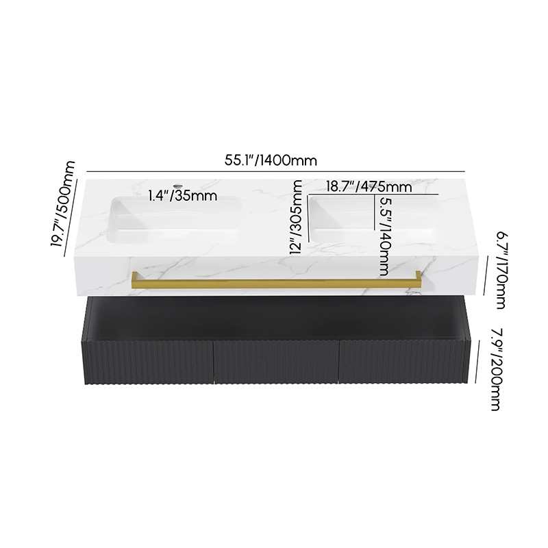 HW0006 1400mm Double-bowl Floating Vanity Unit - White artificial stone countertop and black striped cabinet with gold hardware. Custom sizes available. HW0006 1400mm Double-bowl Floating Vanity Unit - White artificial stone countertop and black striped cabinet with gold hardware. Custom sizes available.