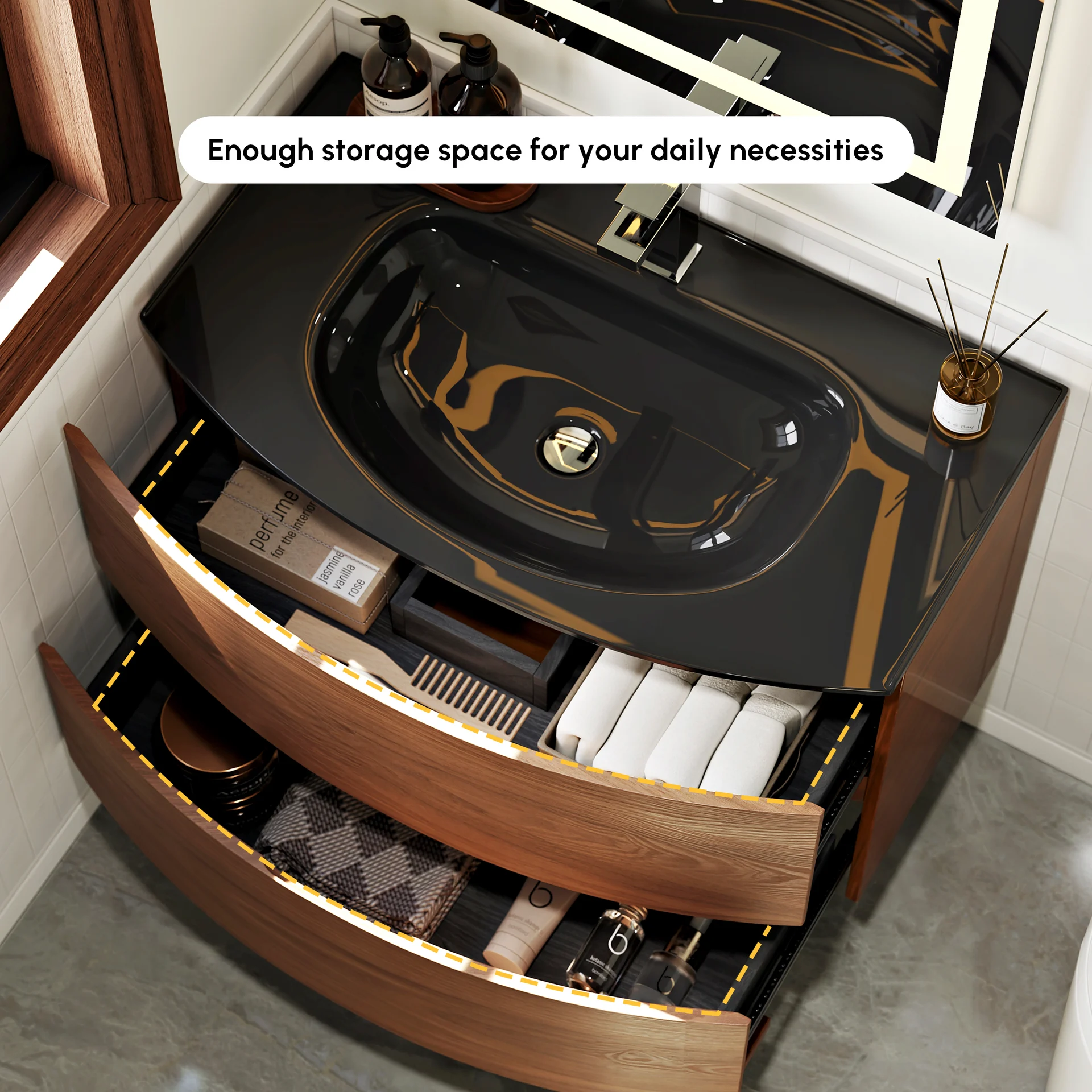 HW008 32" walnut vanity with dual soft-close drawers for silent operation in hotel guest rooms, featuring handle-free minimalist storage.