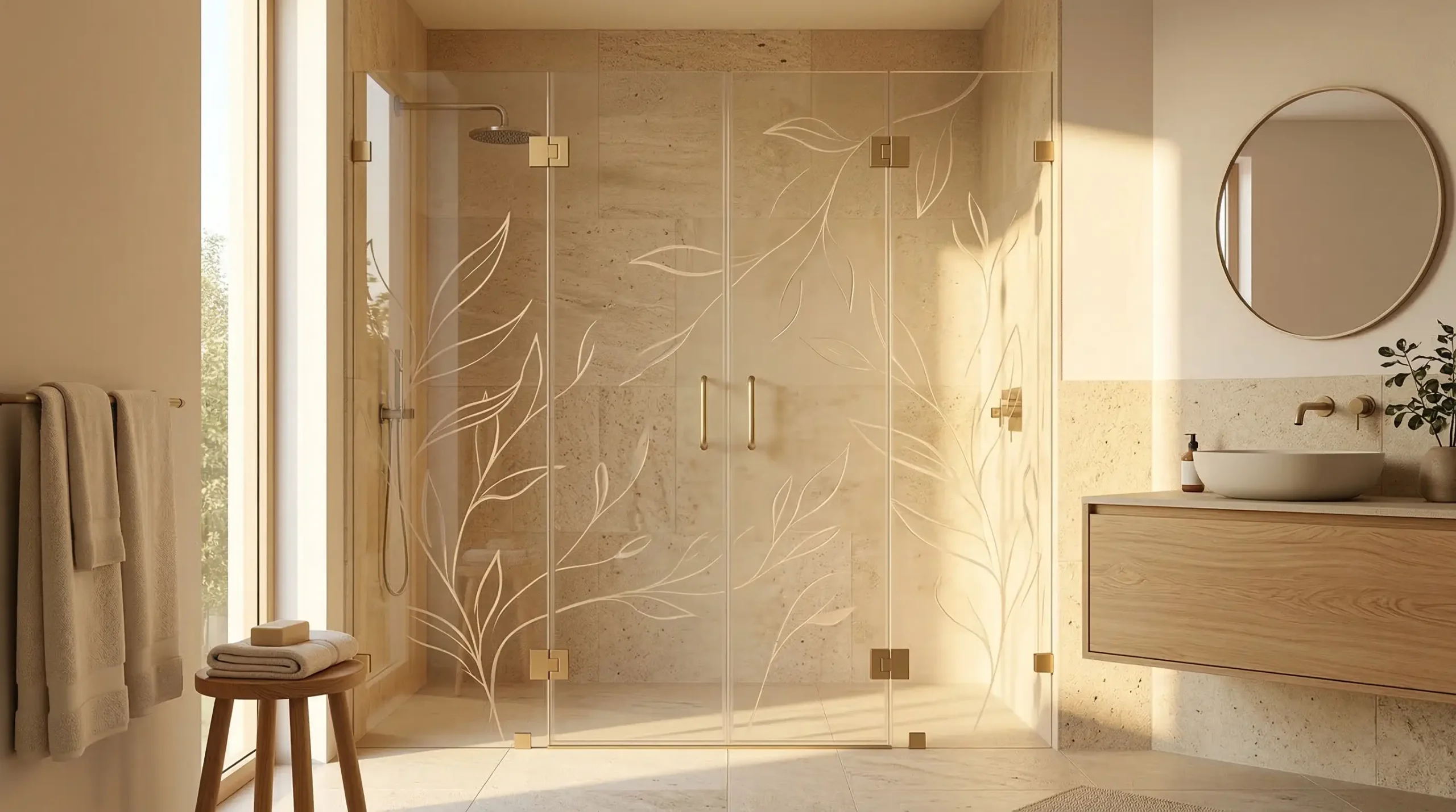 Custom etched glass shower doors providing privacy for commercial bathrooms